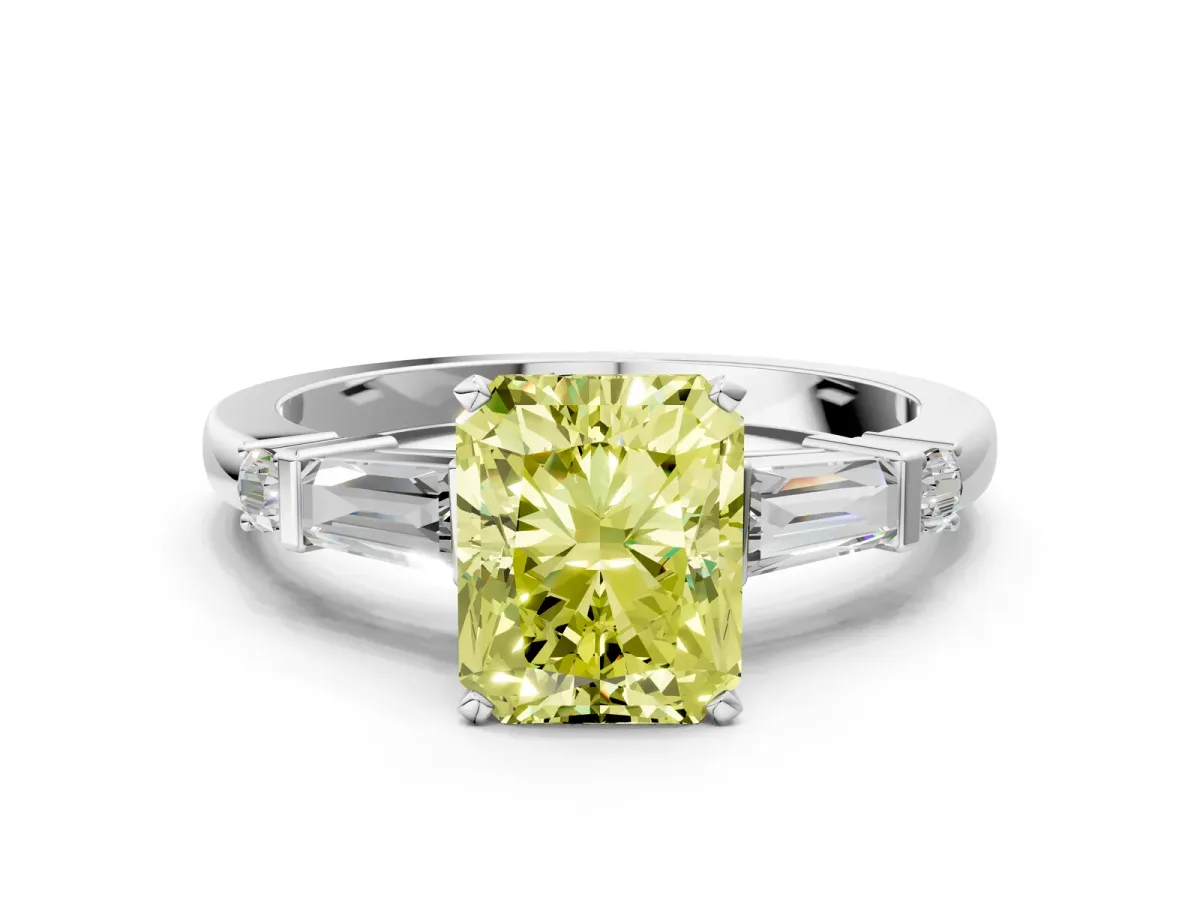 Fancy Yellow Radiant Cut Cut Diamond Ring with Baguette Side Stones, Channel Set Band, and Four-Prong Setting Platinum