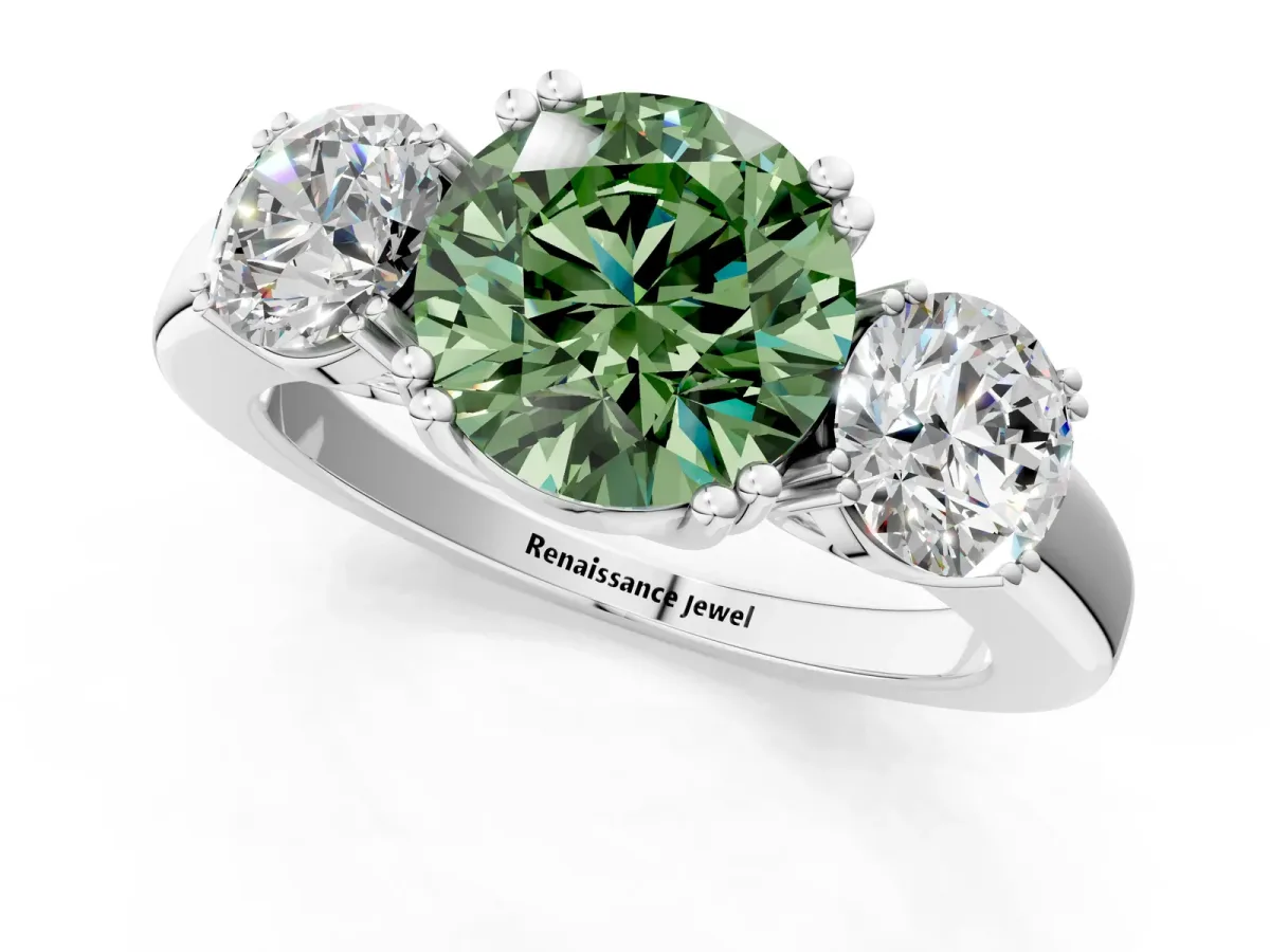 Fancy Green Three-Stone Round Cut Cut Diamond Ring with Channel Set Band and Four-Prong Setting Silver