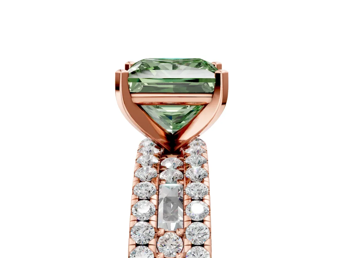 Fancy Green Princess Cut Diamond Solitaire Ring with Pavé and Channel Set Band Rose gold