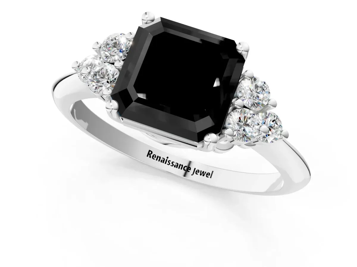 Fancy Black Asscher Cut Cut Diamond Cluster Ring with Solitaire Band and Four-Prong Setting Platinum