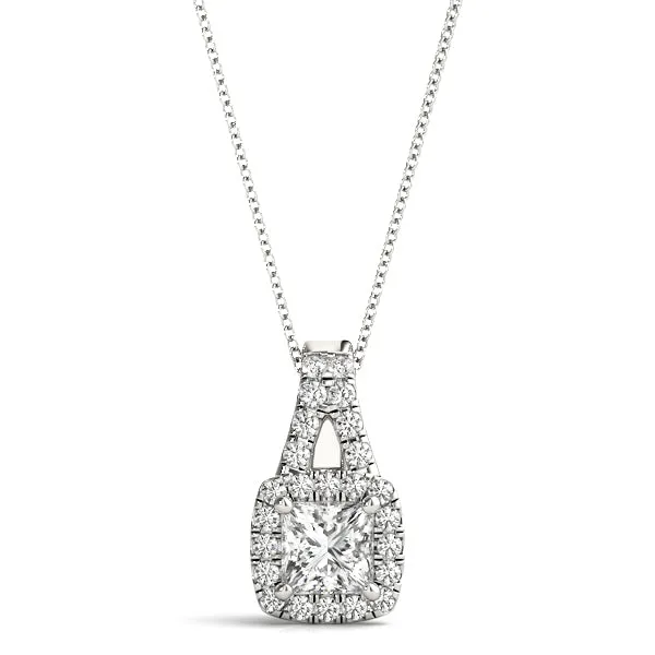 Cushion Halo Diamond Pendant with Princess Cut Stone and Four-Prong Setting White gold