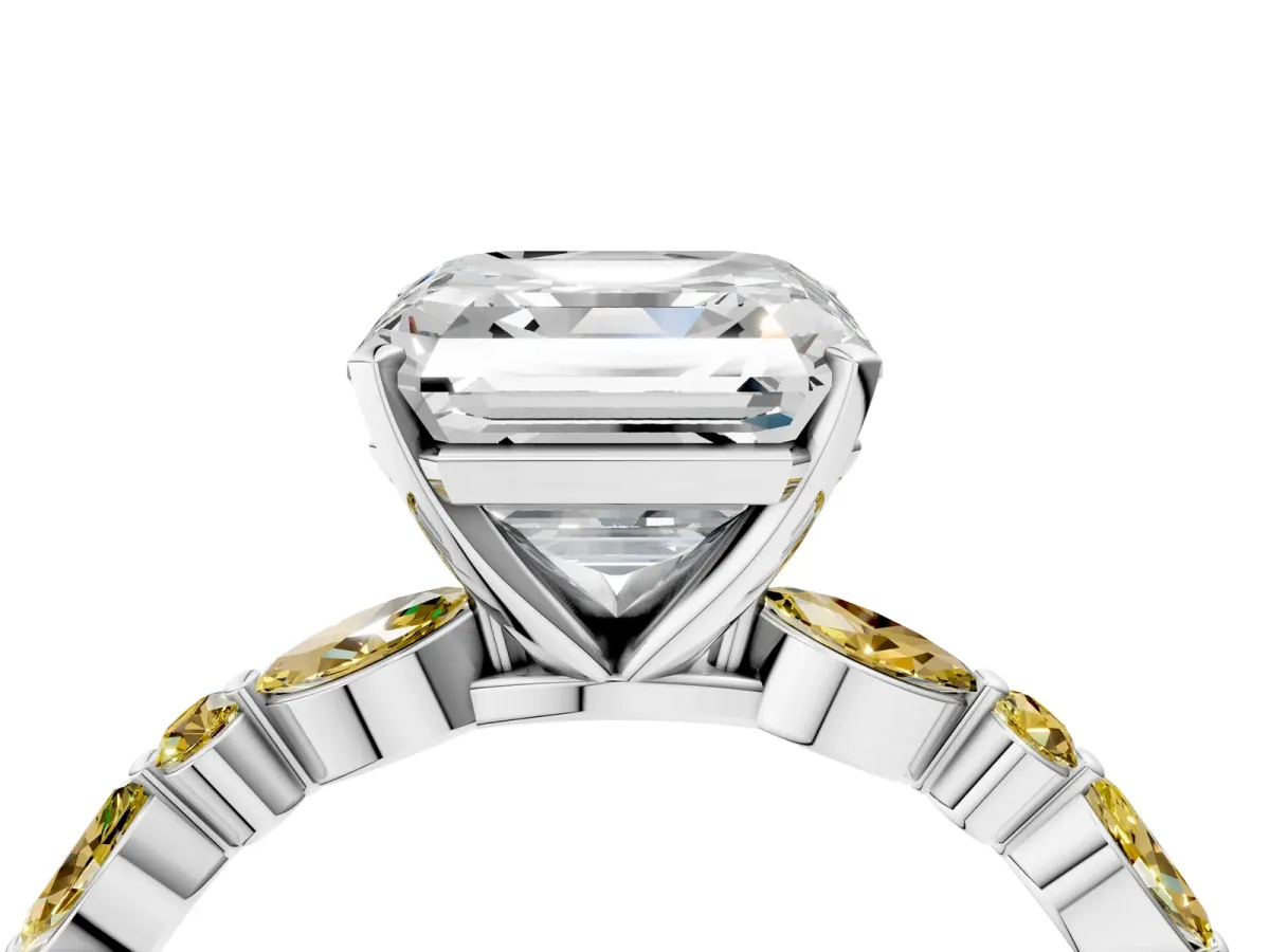 Asscher Cut Diamond Ring with Marquise and Round Yellow Sapphire Side Stones and Four-Prong Setting White gold