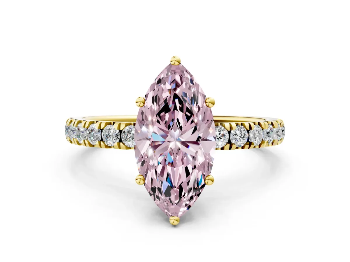 Fancy Pink Marquise Cut Diamond Pave Band Solitaire Ring with Round and Prong Setting Yellow gold