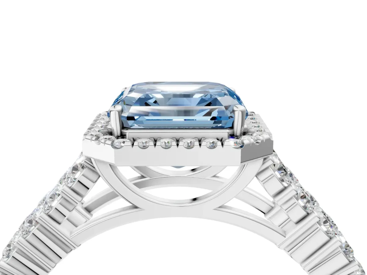 Fancy Blue Asscher Cut Diamond Halo Engagement Ring with Triple Row Round Pavé Band and Prong Setting Platinum