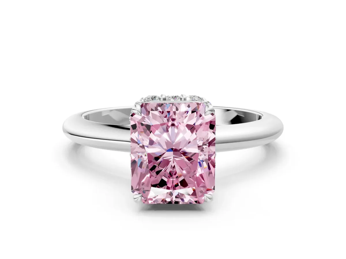 Fancy Pink Radiant Cut Brilliant Solitaire Engagement Ring with Six-Prong Setting and Classic Band Platinum