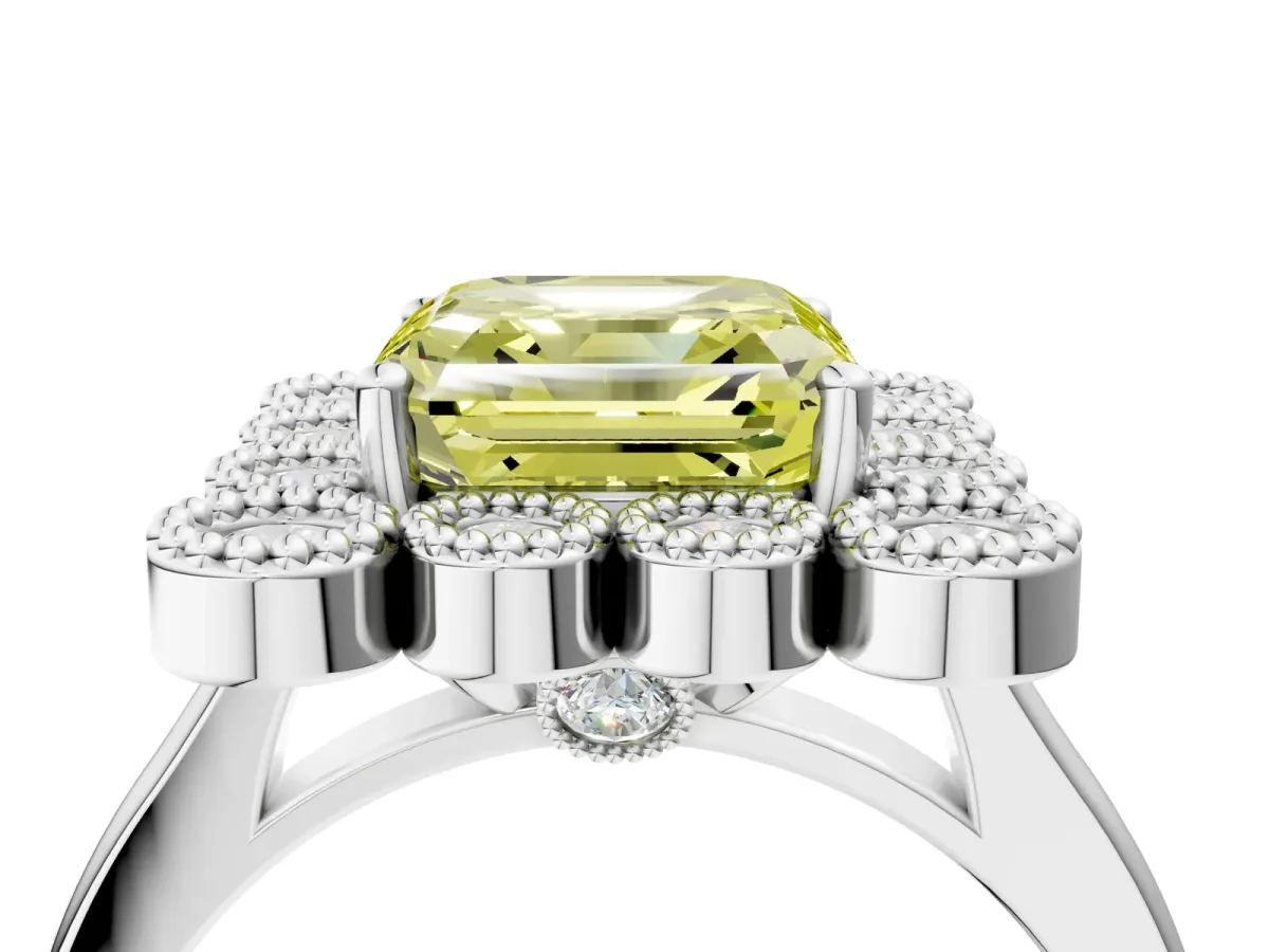 Fancy Yellow Asscher Cut Halo Diamond Cluster Engagement Ring with Milgrain Bezel Setting and Solitaire Band Platinum