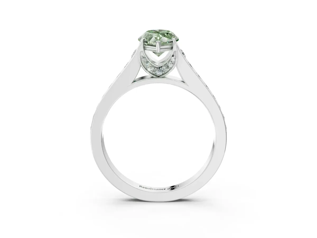 Fancy Green Marquise Cut Brilliant Cut Diamond Engagement Ring with Pavé Band and Four-Prong Setting Platinum