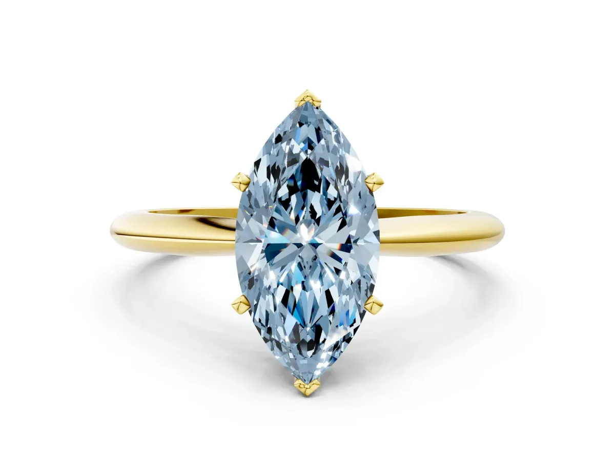 Fancy Blue Marquise Cut Diamond Solitaire Engagement Ring with Classic Band and Four-Prong Setting Yellow gold