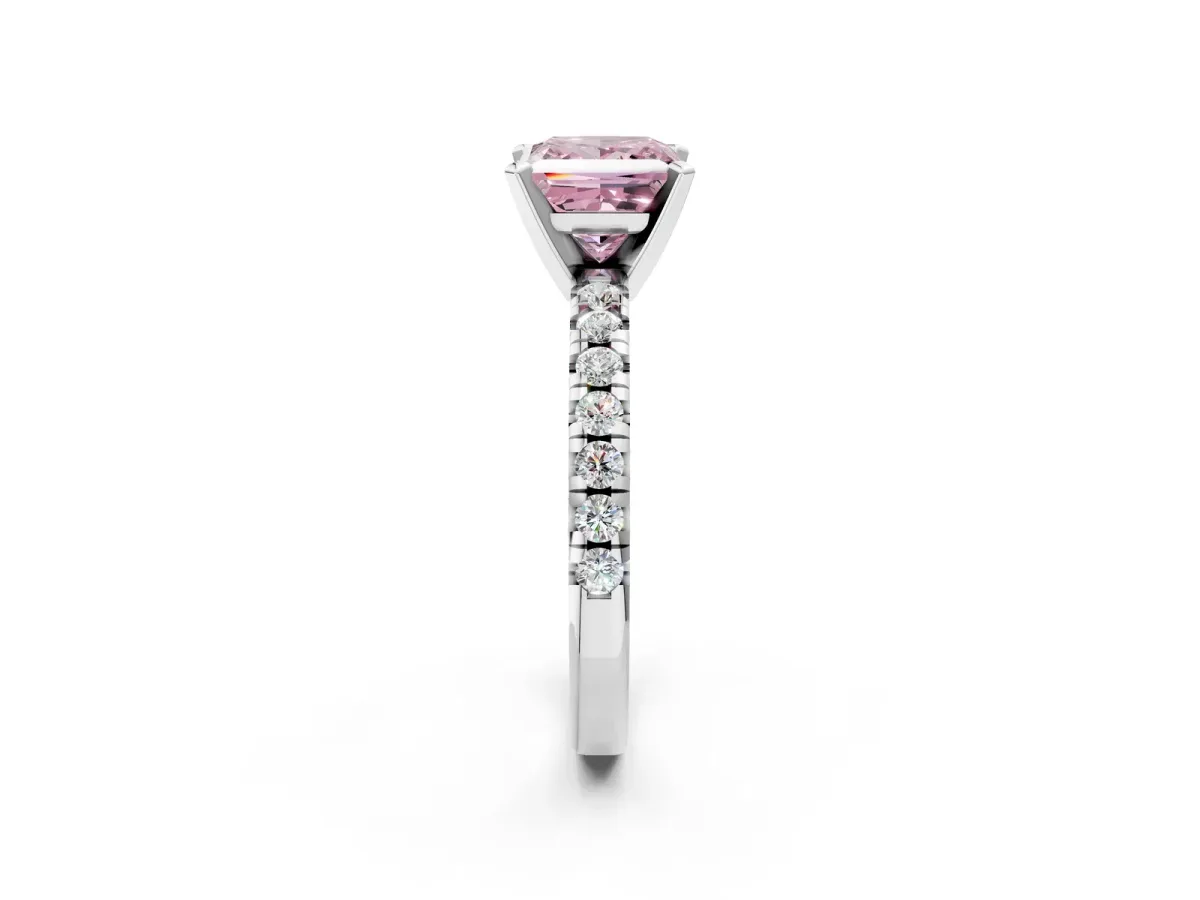 Fancy Pink Princess Cut Diamond Solitaire Pavé Engagement Ring with Round Band and Prong Setting White gold