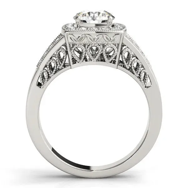 Heart Cut Halo Split Shank Diamond Ring with Milgrain Prong Setting Platinum
