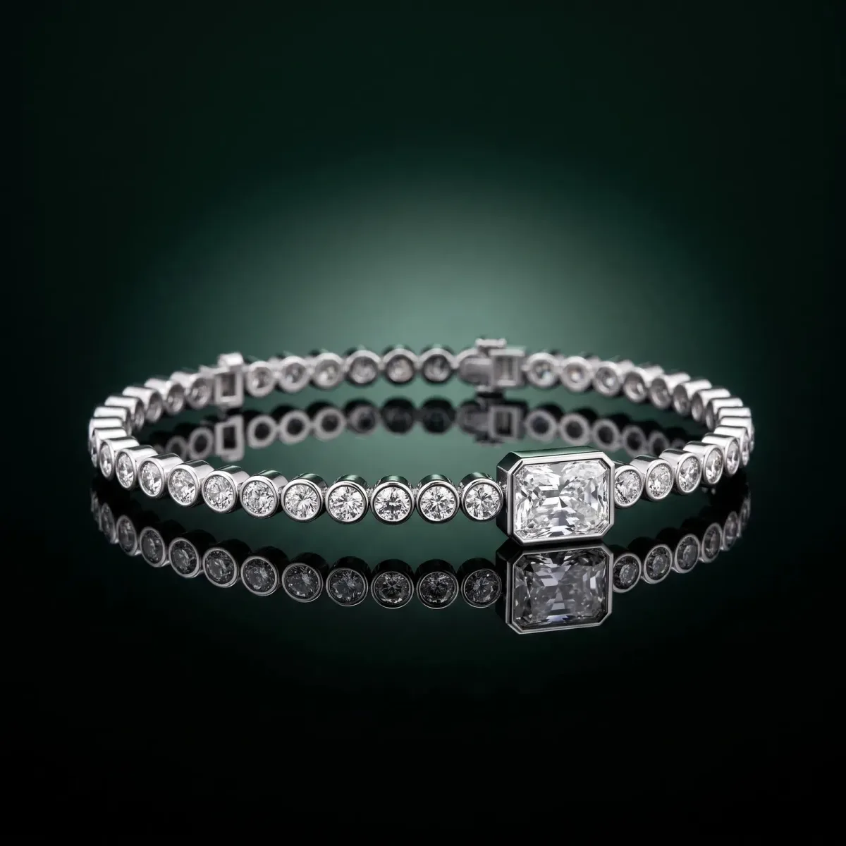 Bezel-Set Round Diamond Tennis Bracelet with Radiant Center Diamond White gold