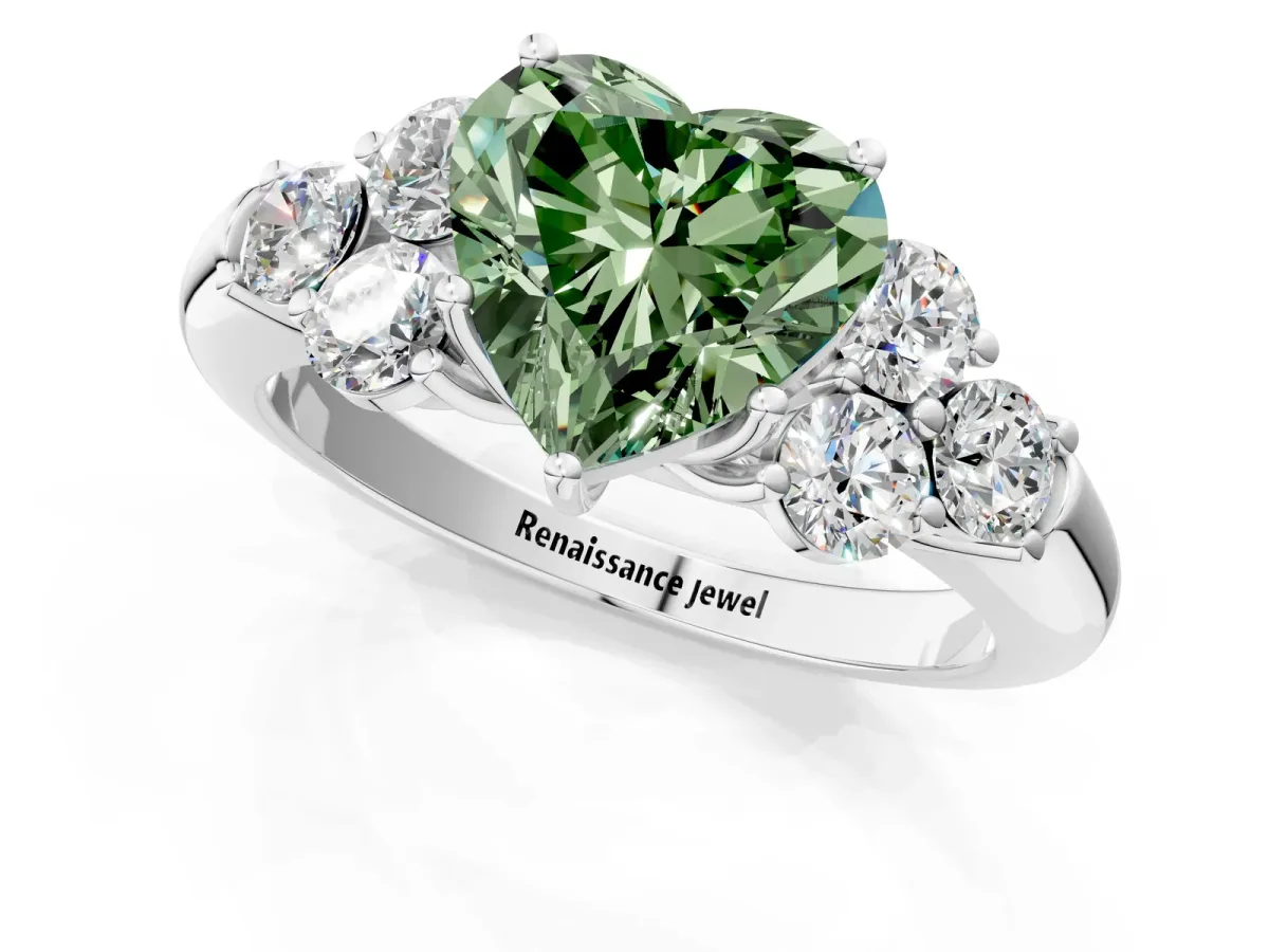 Fancy Green Heart Cut Cut Diamond Cluster Ring with Round Accent Stones and Prong Setting on a Classic Band Platinum