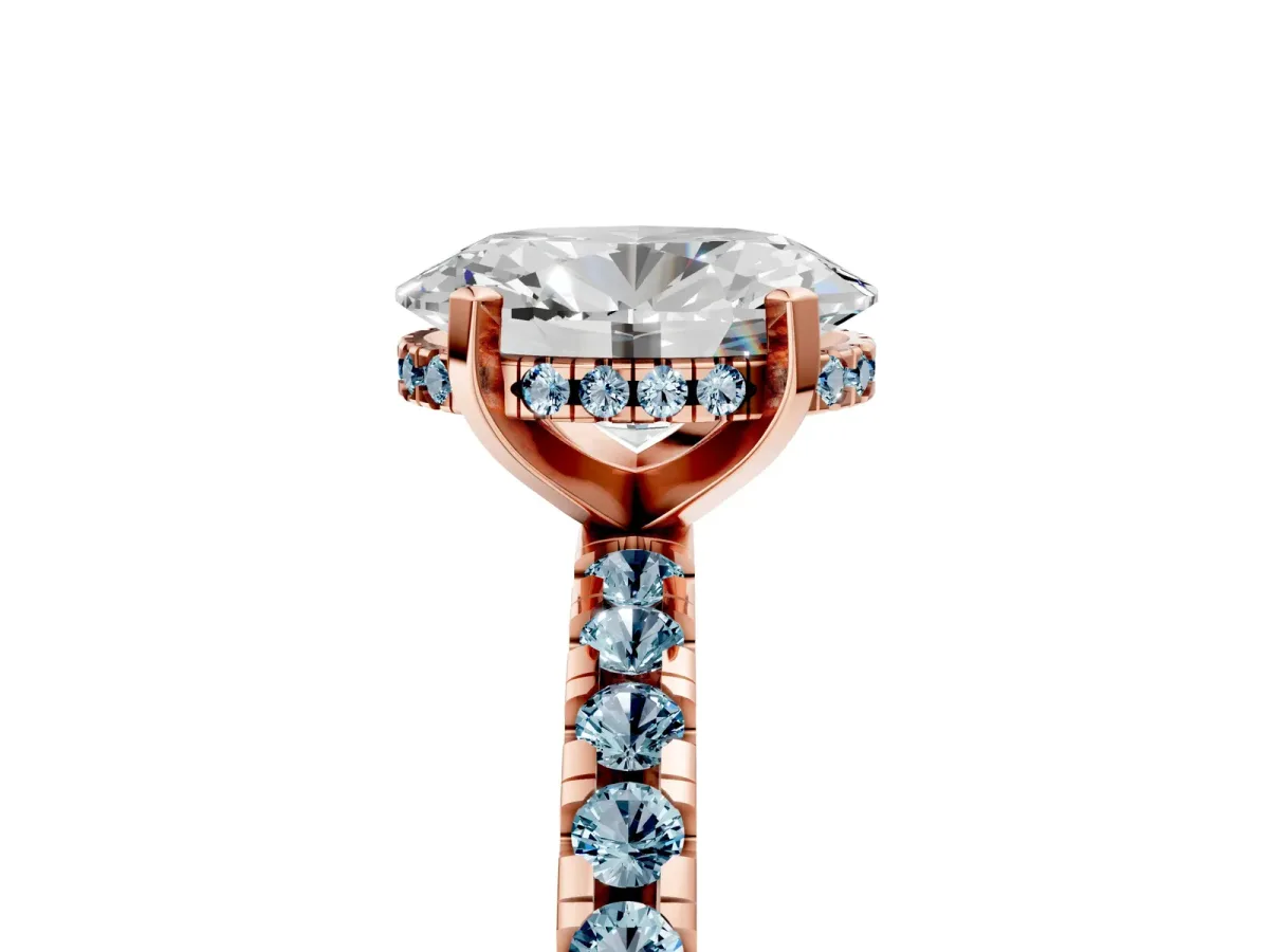Oval Cut Diamond Solitaire Ring with Round Aquamarine Pavé Band and Four-Prong Setting Rose gold