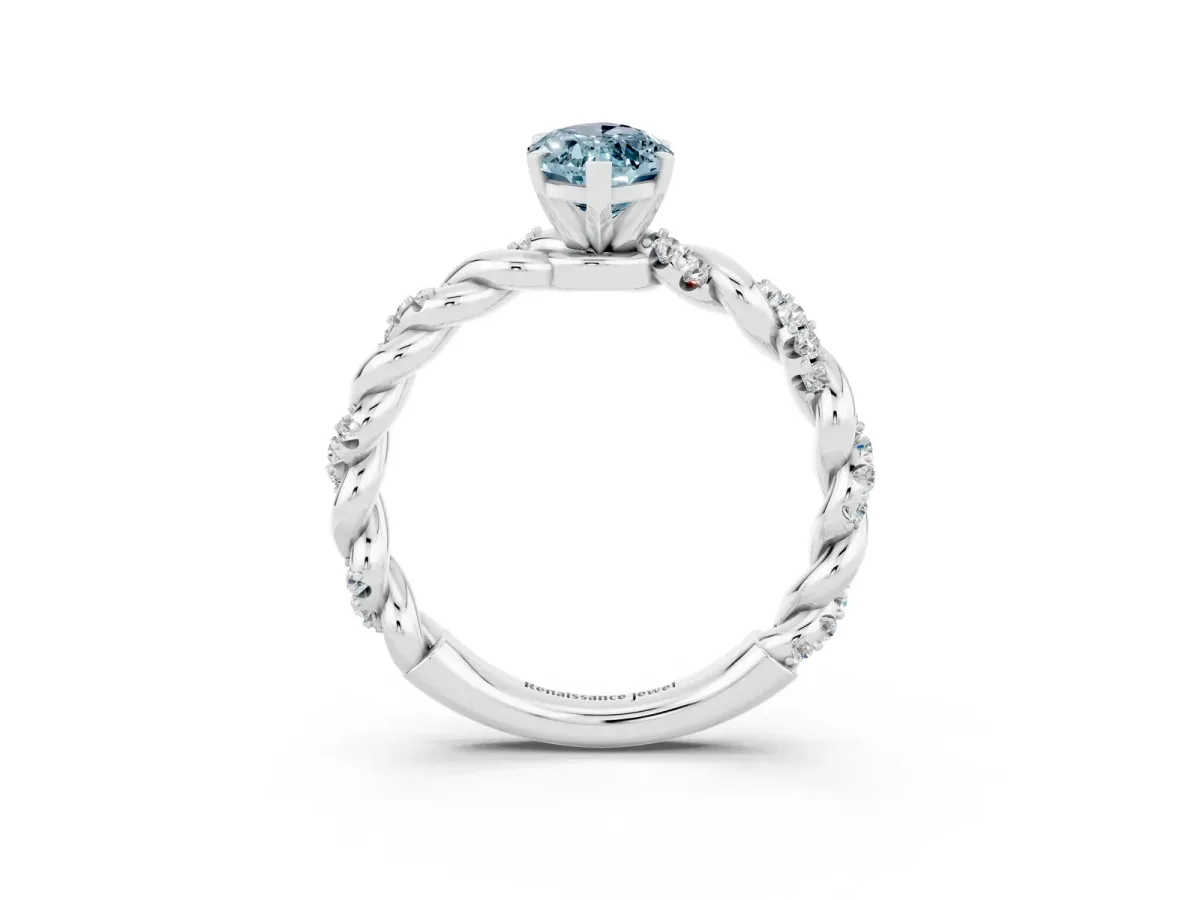 Marquise Cut Aquamarine Solitaire Ring with Twisted Band and Pavé Accents Platinum