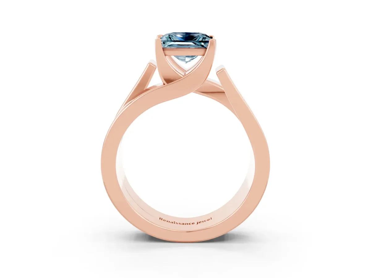 Modern Tension Set Princess Cut Aquamarine Solitaire Wide Band Ring Rose gold