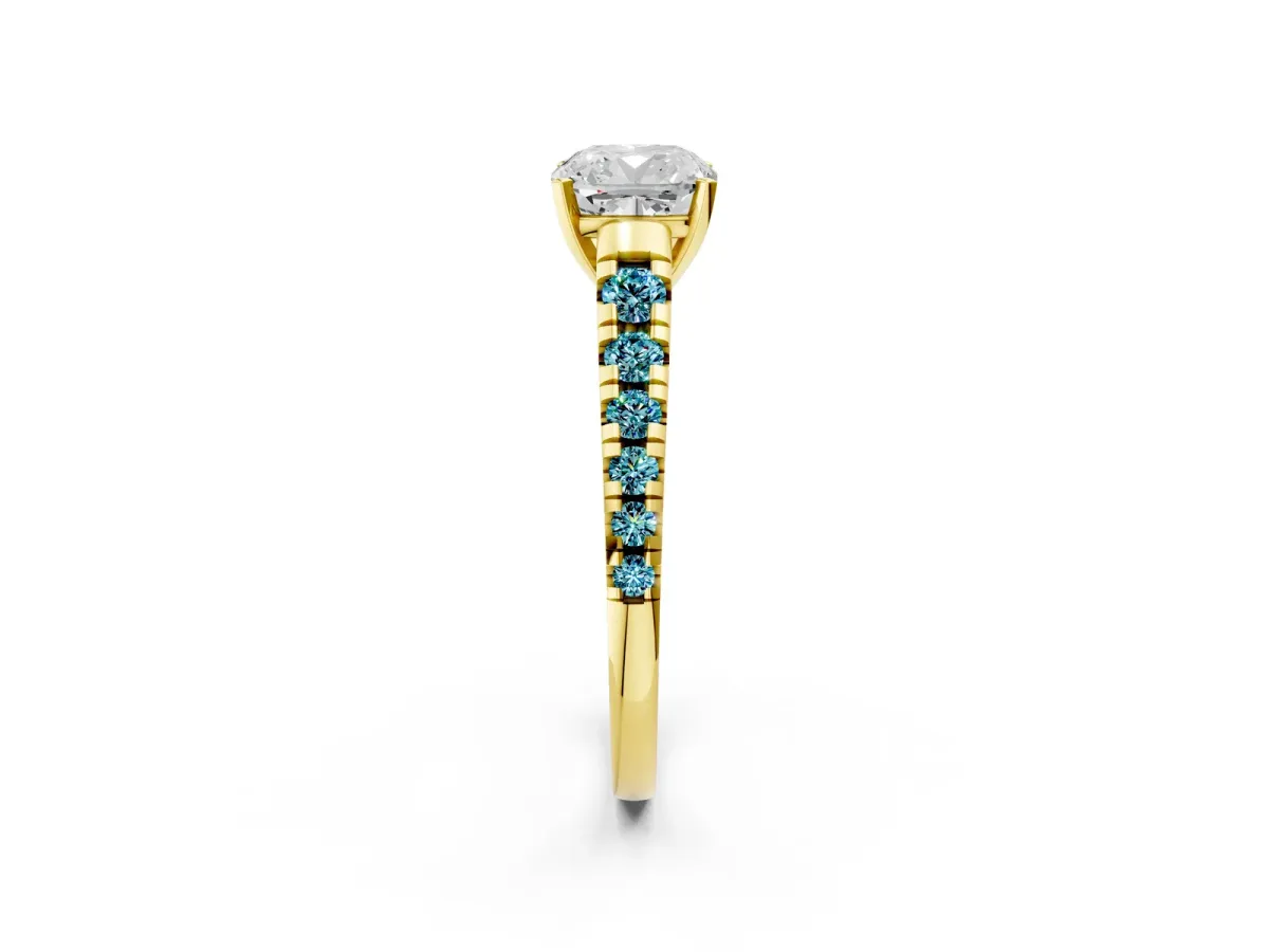 Cushion Cut Diamond Cathedral Solitaire Ring with Round Blue Topaz Pavé Band Yellow gold