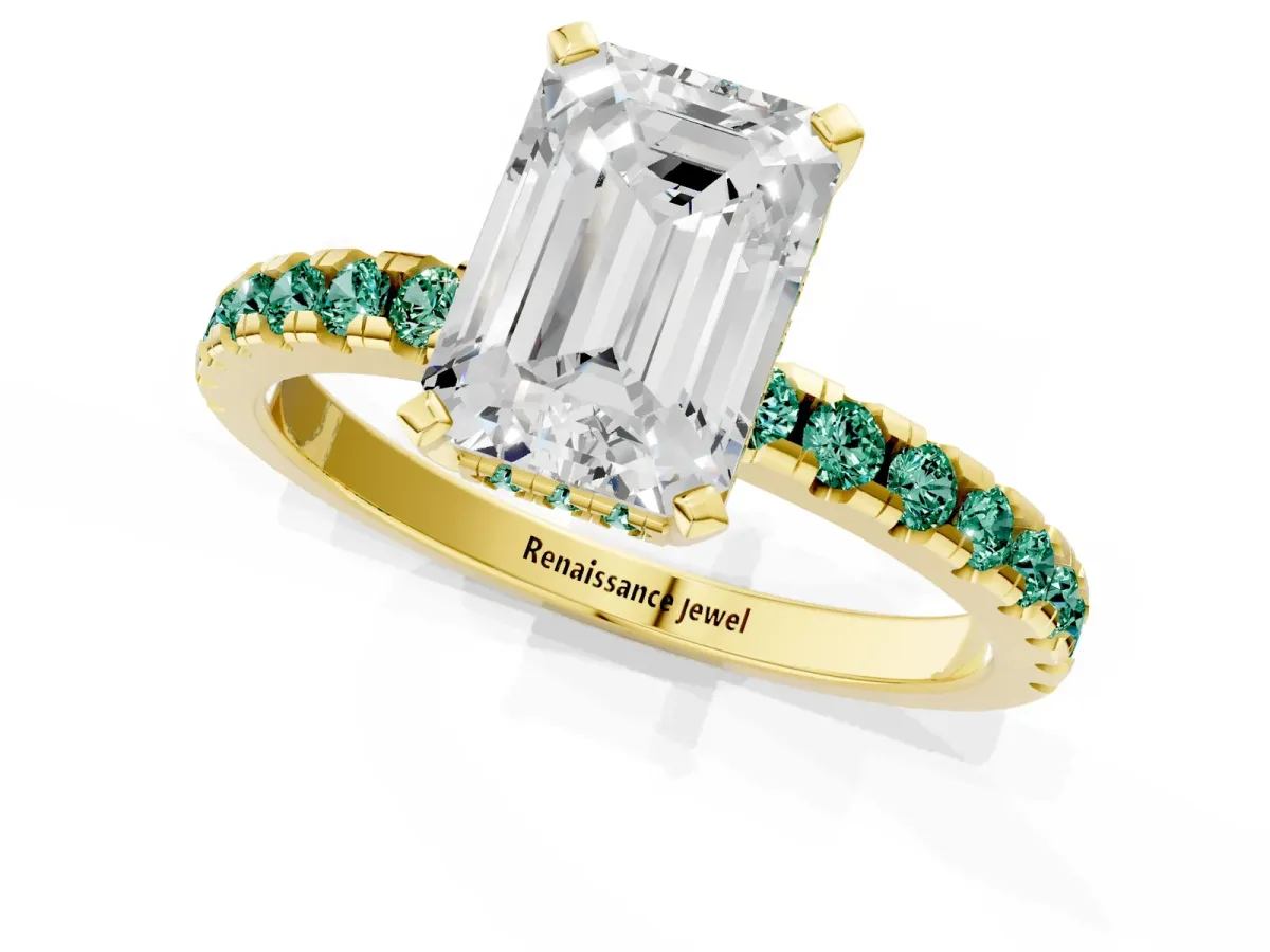 Emerald Cut Diamond Solitaire Ring with Round Green Sapphire Pavé Band and Four-Prong Setting Yellow gold