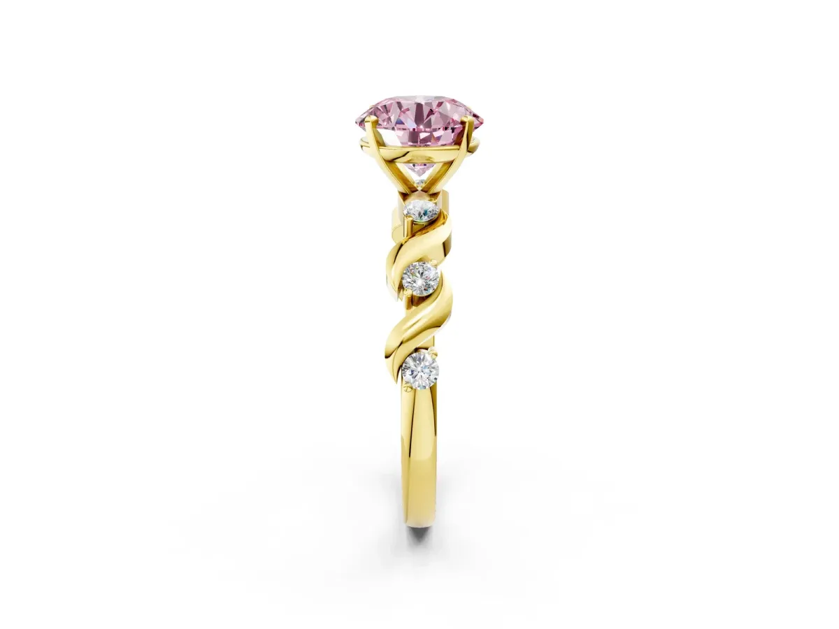 Fancy Pink Round Cut Diamond Solitaire Twisted Band with Round Accents and Prong Setting Yellow gold