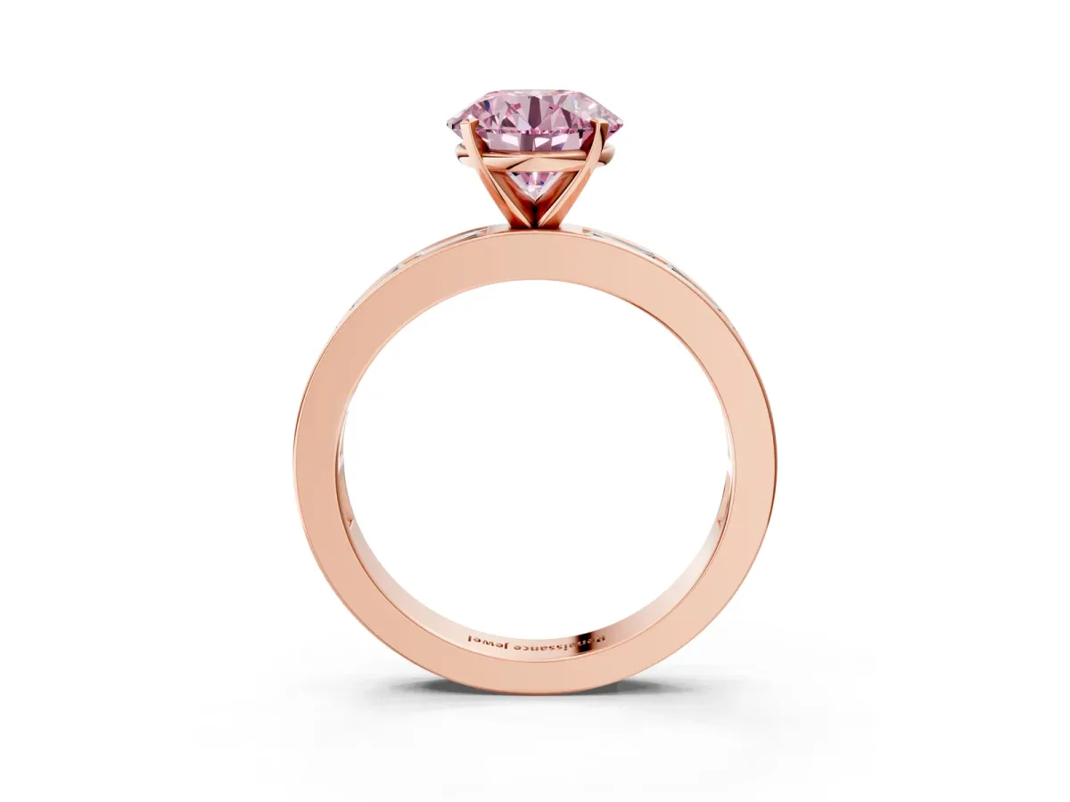 Fancy Pink Round Cut Solitaire Diamond Ring with Channel-Set Baguette Band and Four-Prong Setting Rose gold