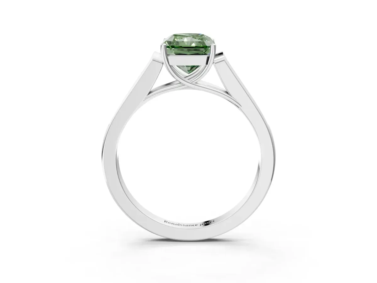 Fancy Green Radiant Cut Solitaire Cathedral Diamond Engagement Ring with Channel-Set Band and Four-Prong Setting Platinum