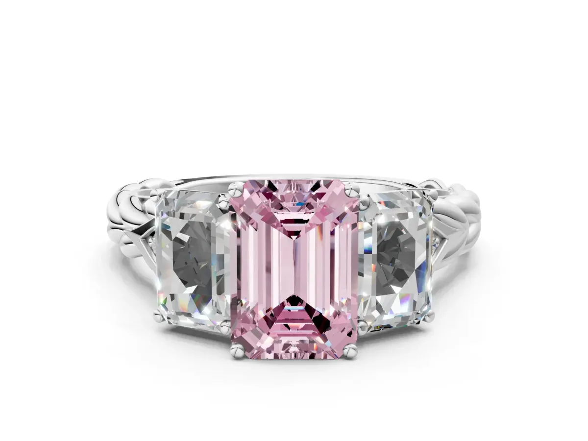 Fancy Pink Three-Stone Emerald Cut Diamond Braided Band Ring with Four-Prong Setting Silver