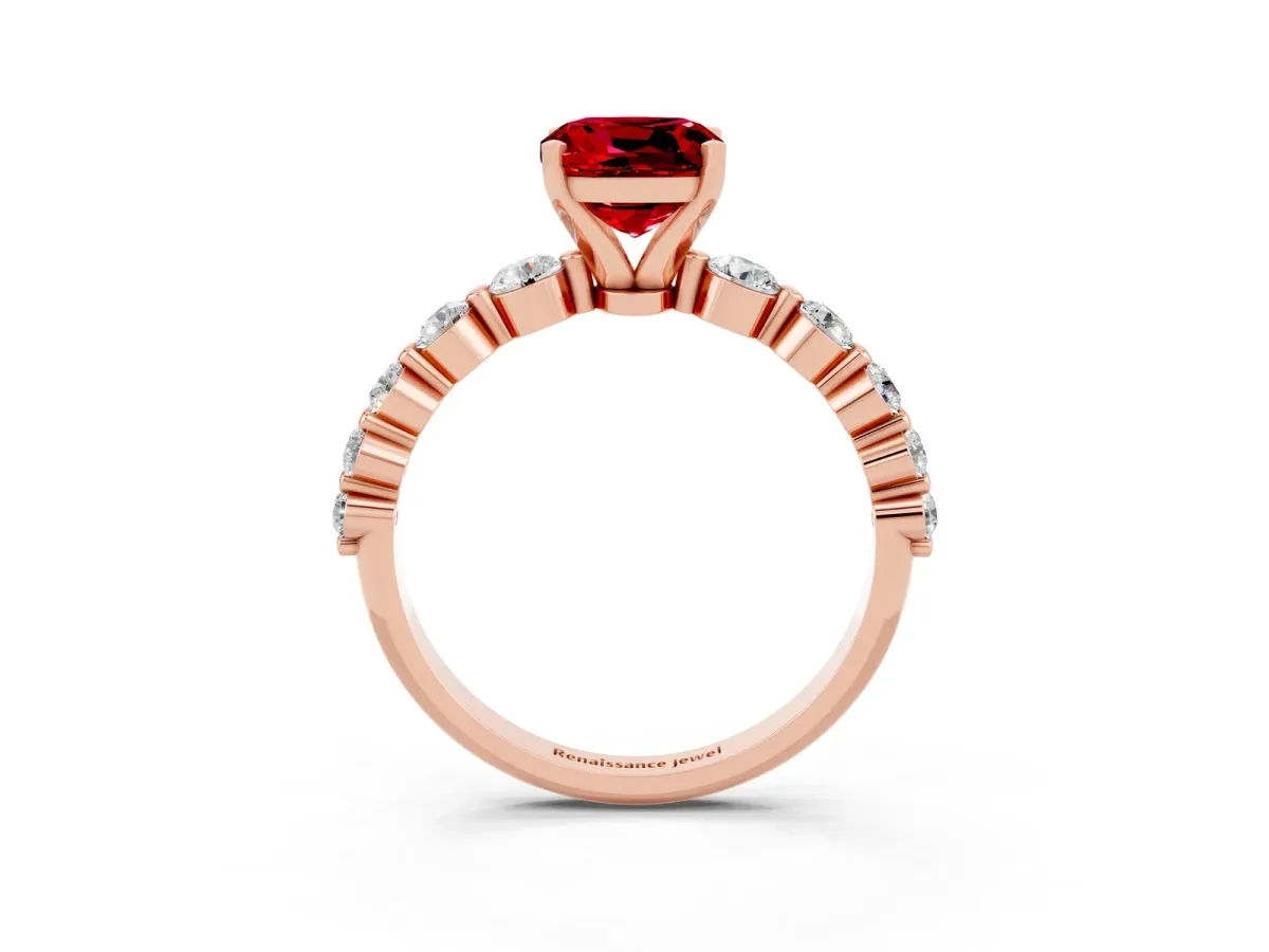 Cushion Cut Solitaire Ruby Ring with Pave Band and Four-Prong Setting Rose gold