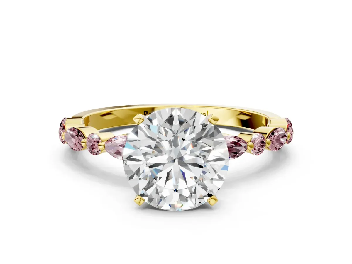 Round Cut Diamond Ring with Marquise and Round Morganite Side Stones and Four-Prong Setting Yellow gold