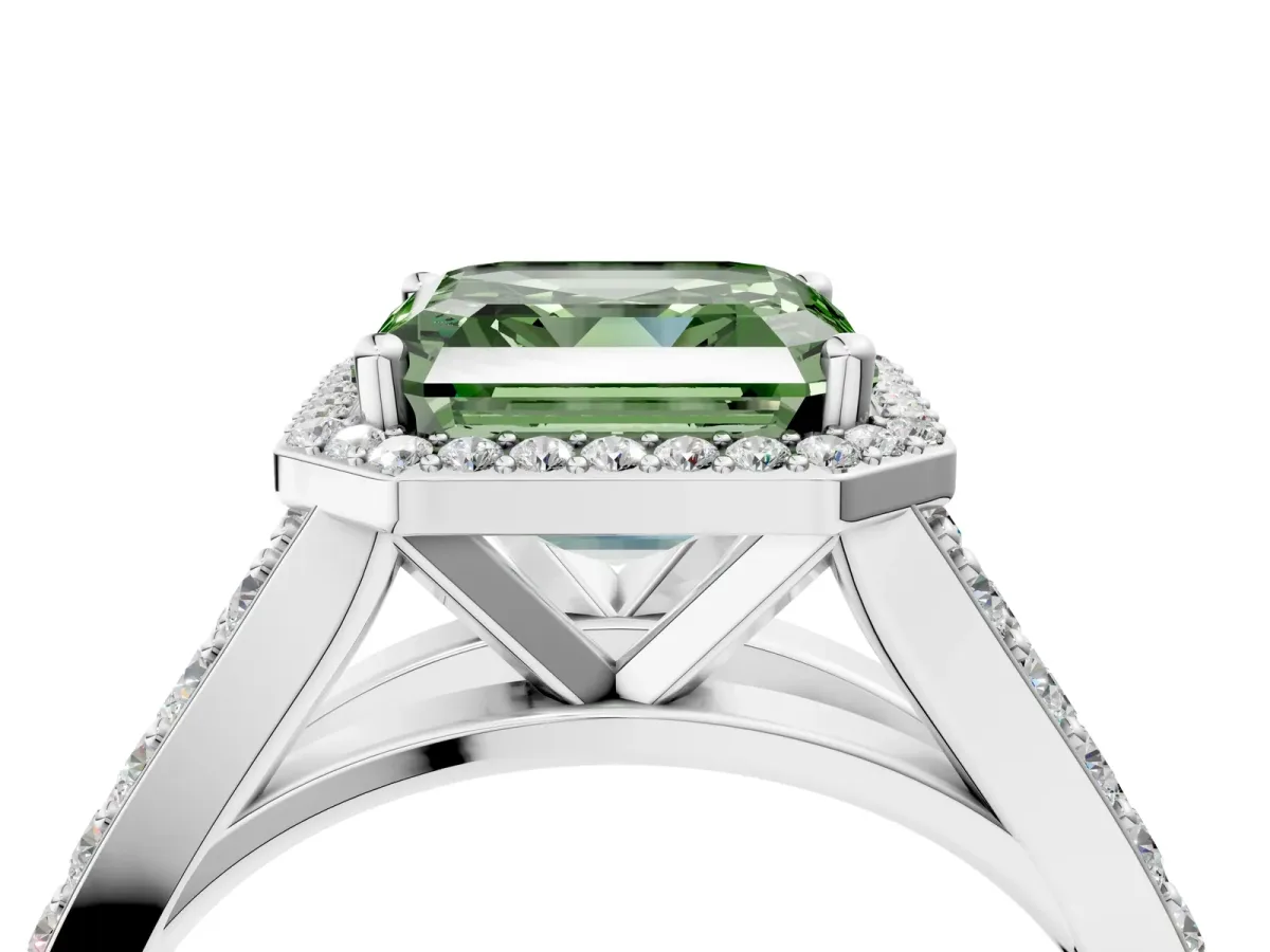 Fancy Green Asscher Cut Diamond Split Shank Halo Ring with Four-Prong Setting Platinum