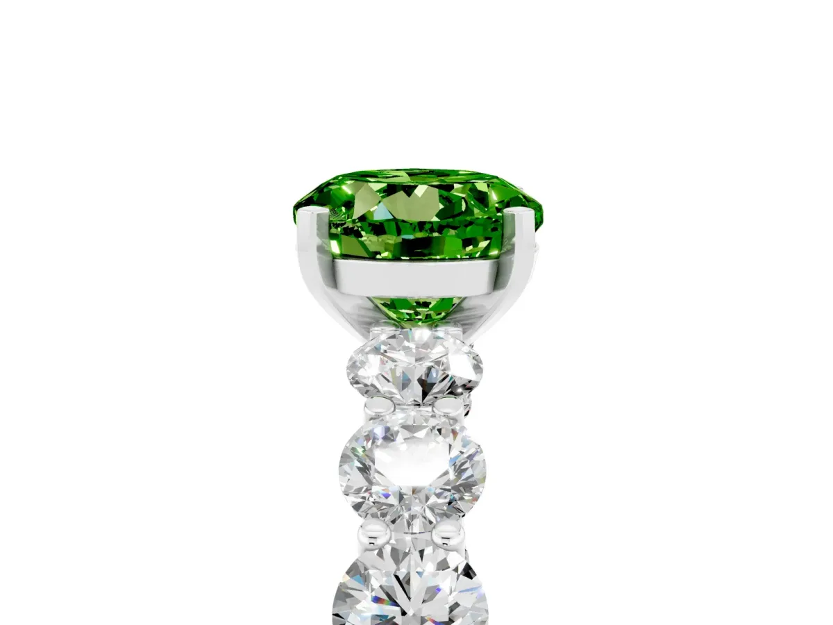 Round Cut Peridot Prong Setting with Side Stones on a Pave Band Platinum