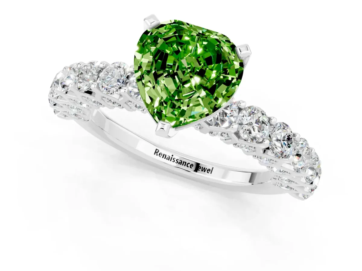 Heart Cut Peridot Solitaire Ring with Shared Prong Pavé Band and Four-Prong Setting Silver
