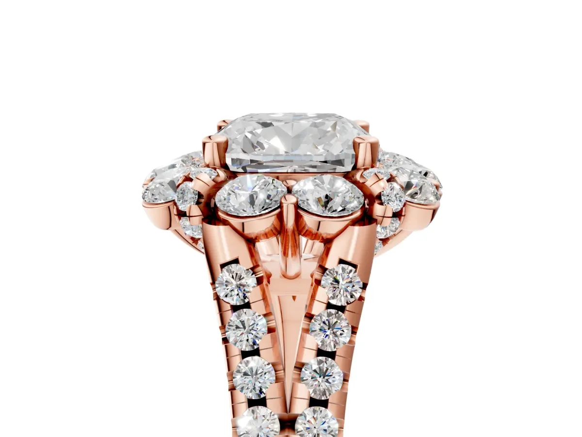 Cushion Cut Halo Split Shank Diamond Engagement Ring with Pave Band and Four-Prong Setting Rose gold