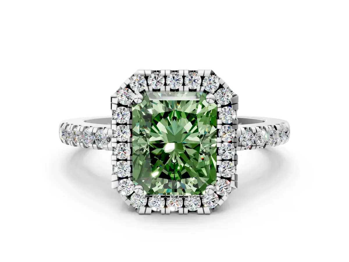 Fancy Green Radiant Cut Halo Diamond Engagement Ring with Pavé Band and Four-Prong Setting Platinum