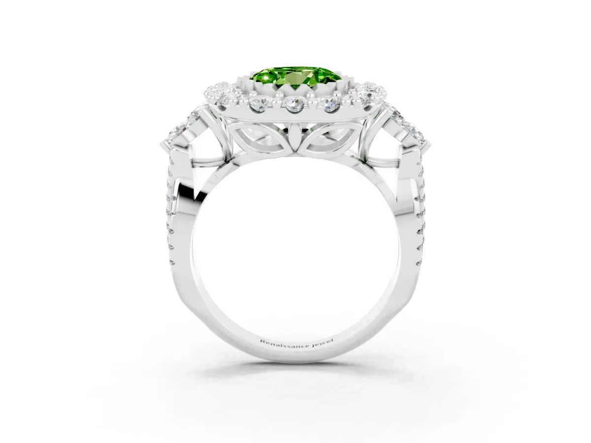 Round Cut Peridot Halo Ring with Pavé Band and Four-Prong Setting Silver