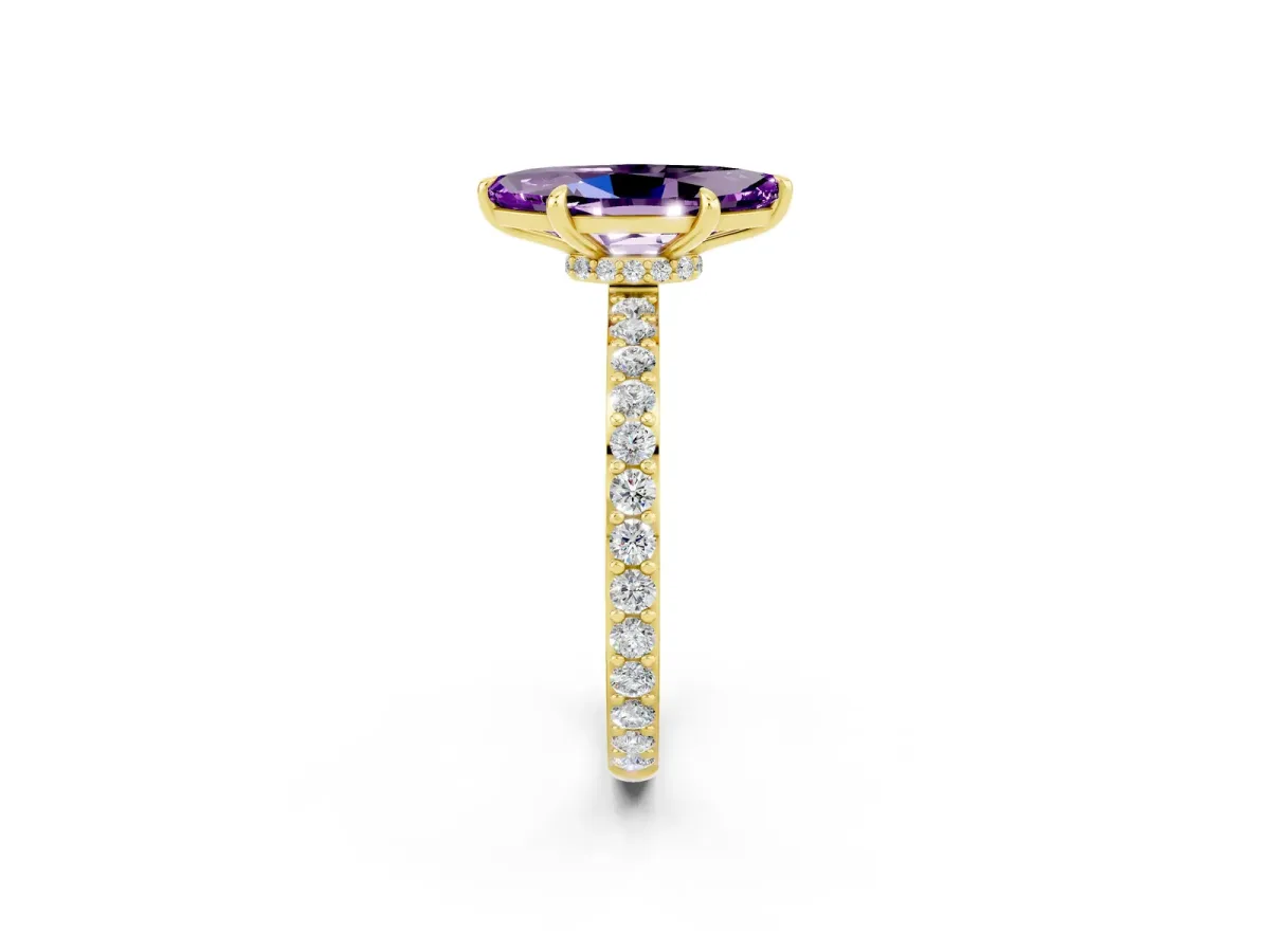 Marquise Cut Amethyst Solitaire Engagement Ring with Pavé Band and Four-Prong Setting Yellow gold