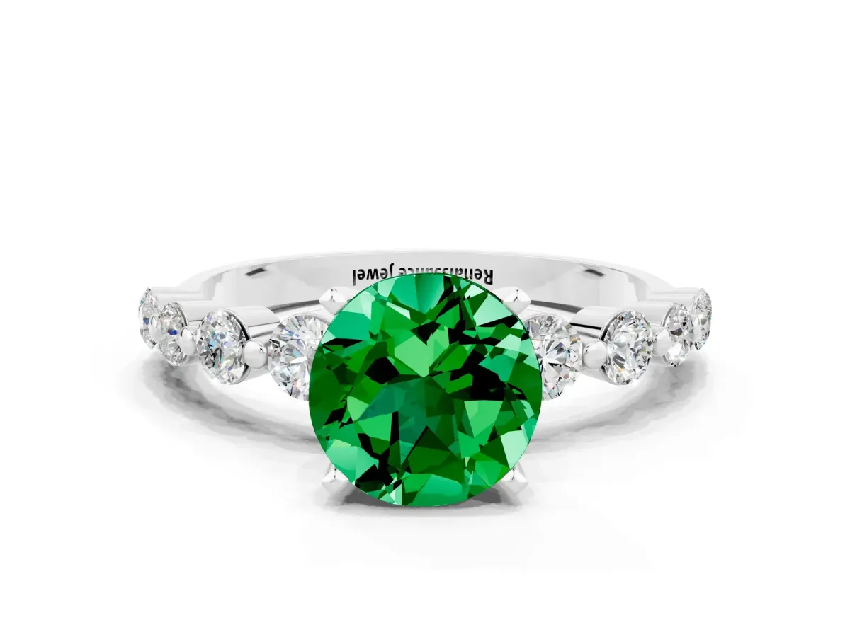 Round Cut Solitaire Emerald Ring with Pave Band and Four-Prong Setting White gold