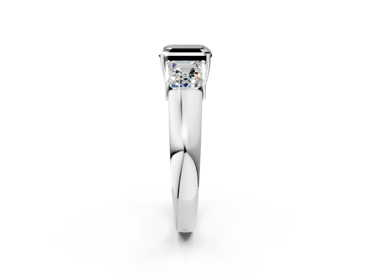 Fancy Black Three-Stone Asscher Cut Cut Diamond Ring with Prong Setting and Classic Band Platinum