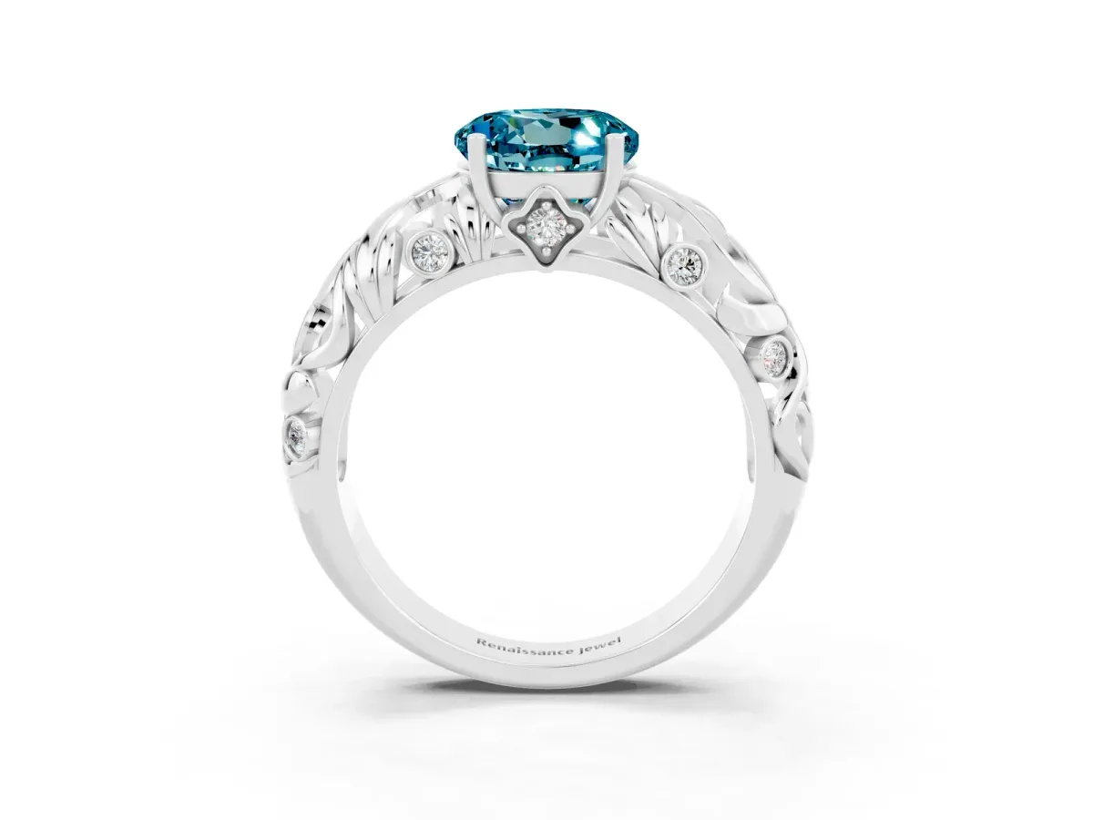 Round Cut Solitaire Blue Topaz Leaf-Inspired Vine Band Ring with Prong Setting Silver