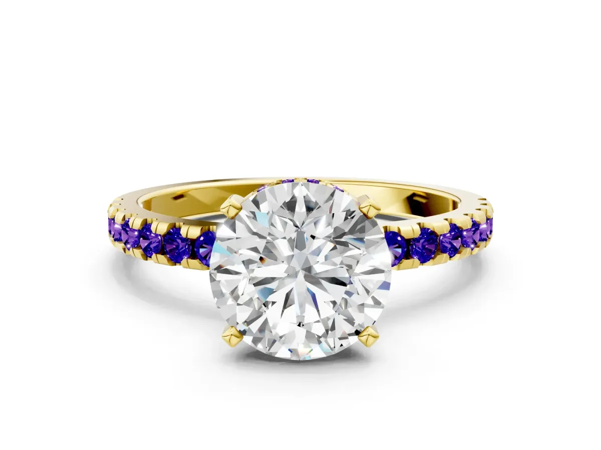 Round Cut Diamond Solitaire Ring with Round Tanzanite Pavé Band and Four-Prong Setting Yellow gold