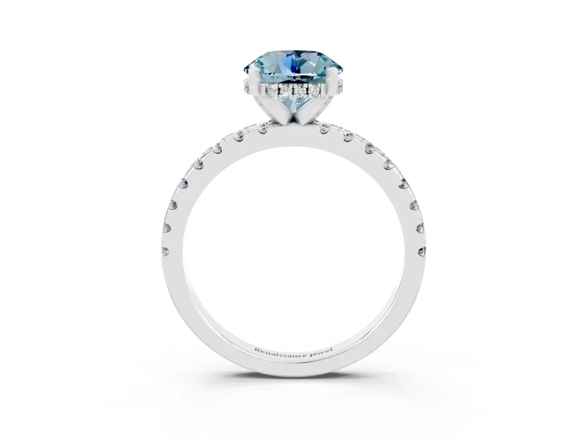 Round Cut Aquamarine Solitaire Ring with Round Pavé Band and Four-Prong Setting White gold
