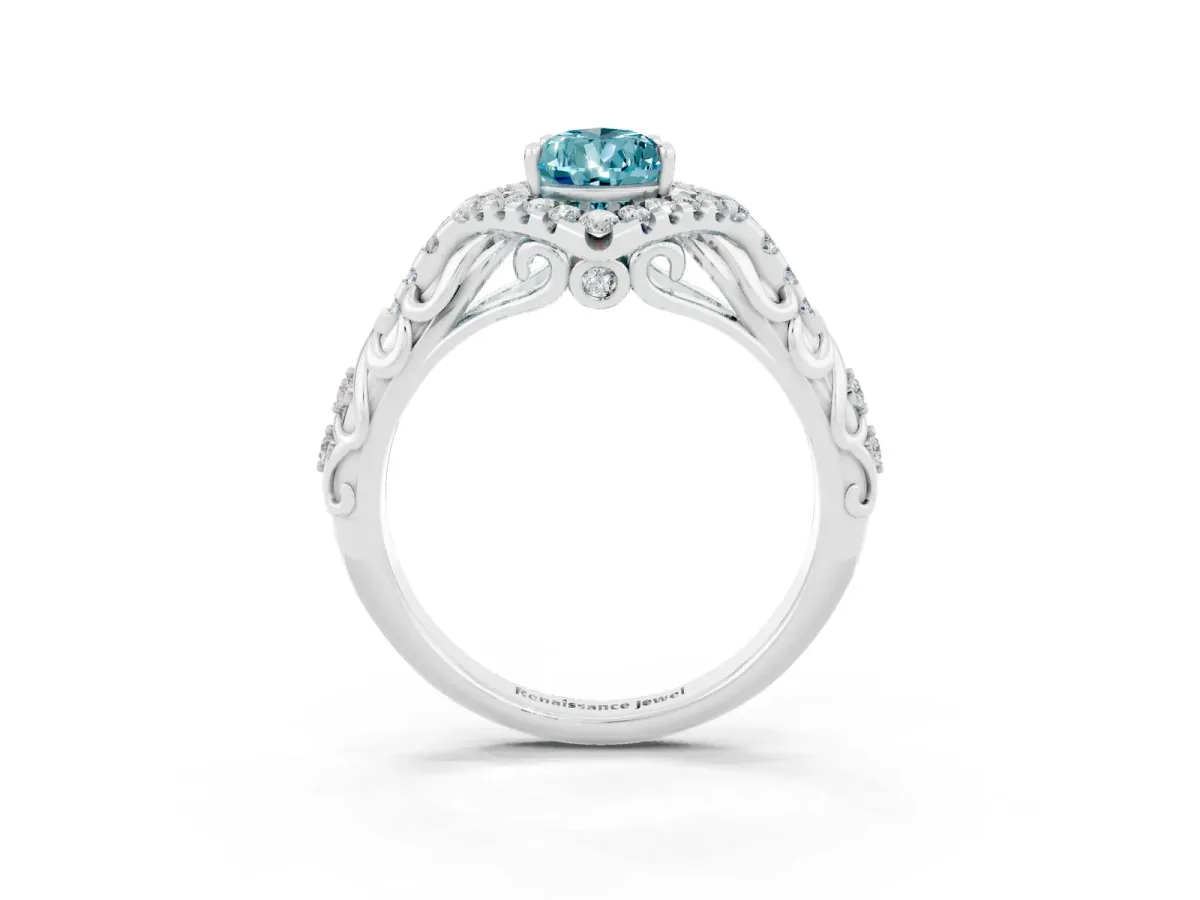 Pear Cut Blue Topaz Solitaire Ring with Hidden Halo and Pavé Band White gold