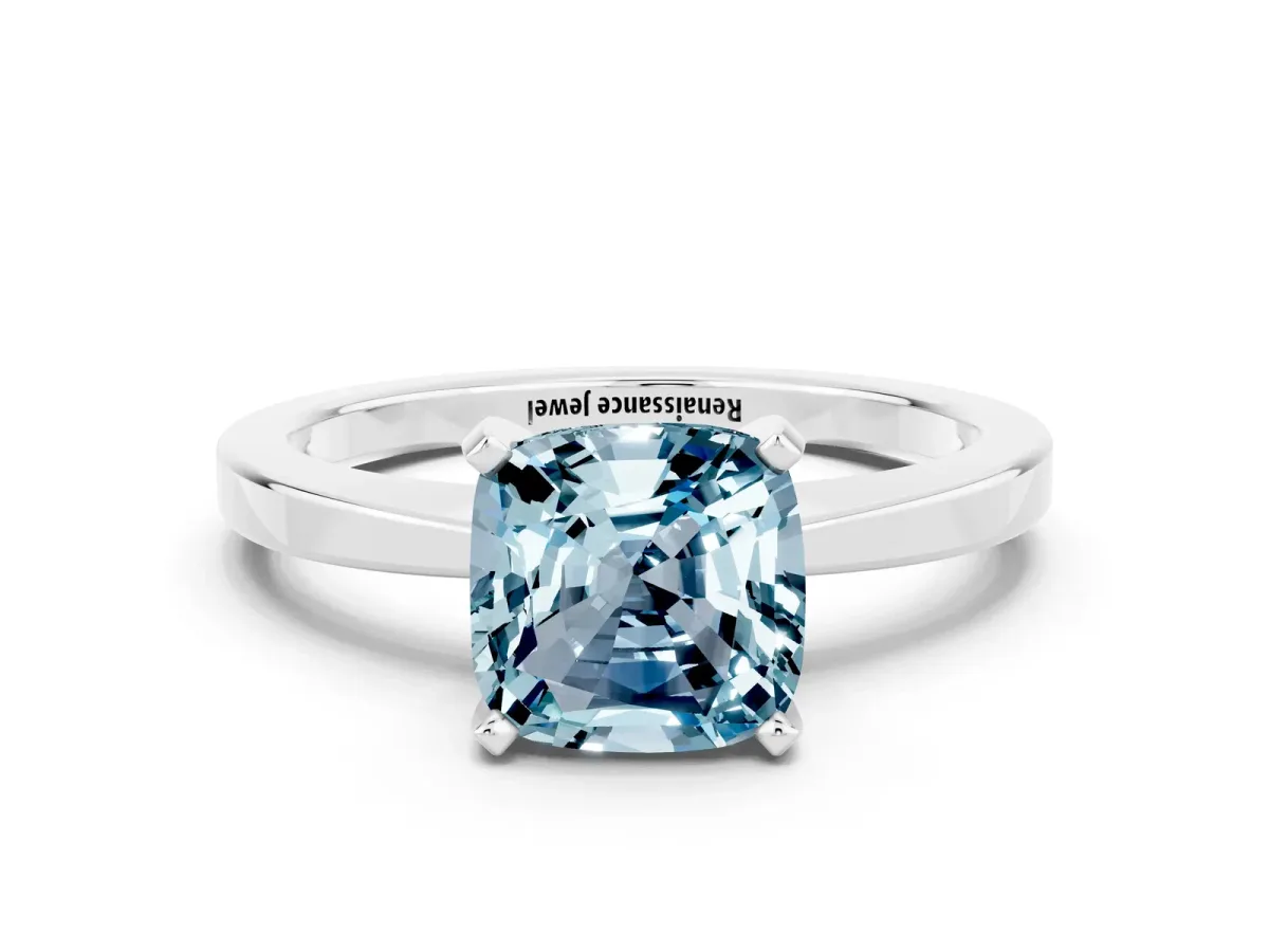 Cushion Cut Aquamarine Solitaire Engagement Ring with Classic Band and Four-Prong Setting White gold
