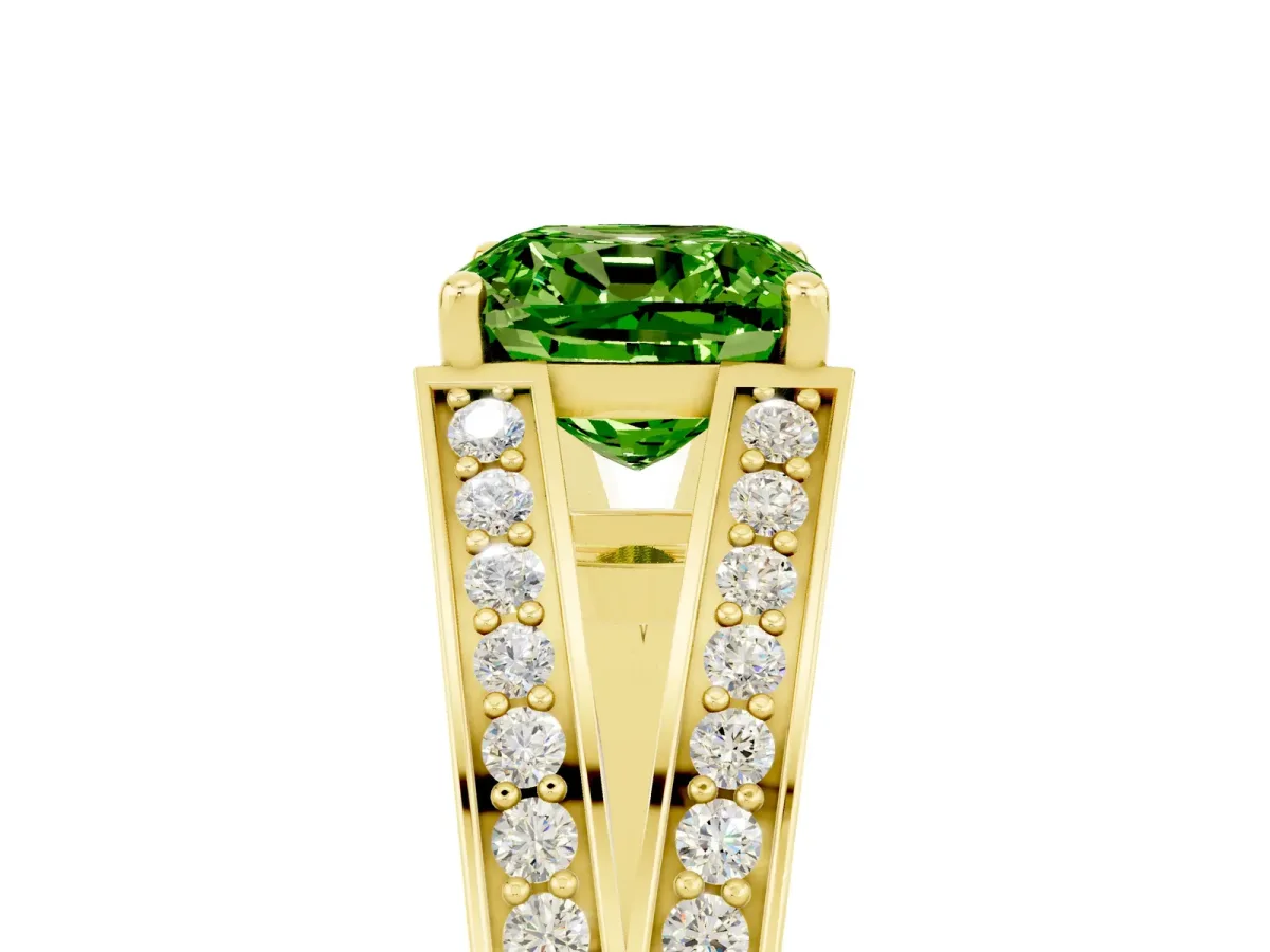 Cushion Cut Peridot Split Shank Ring with Pavé Band and Four-Prong Setting Yellow gold