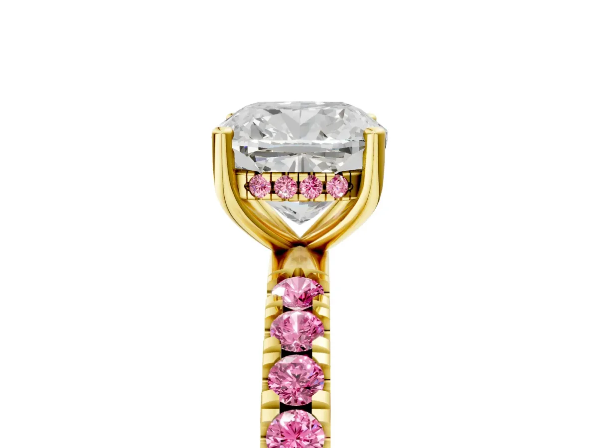 Cushion Cut Diamond Pave Band Solitaire Ring with Round Pink Sapphire and Prong Setting Yellow gold