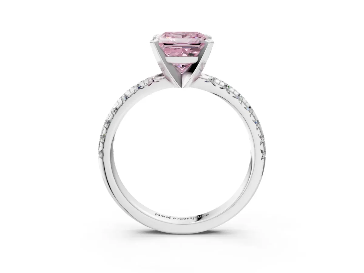 Fancy Pink Princess Cut Diamond Solitaire Pavé Engagement Ring with Round Band and Prong Setting White gold