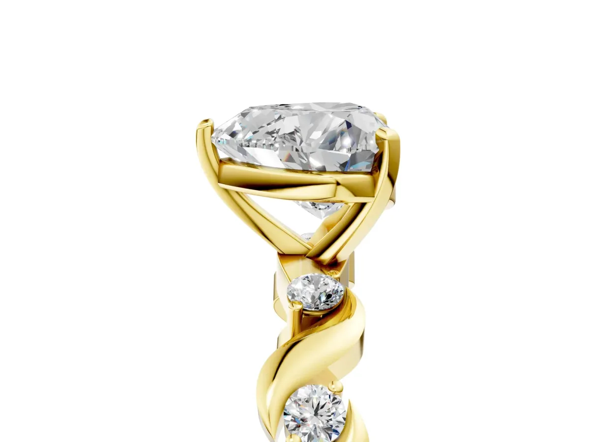 Heart Cut Diamond Solitaire Twisted Band with Round Accents and Prong Setting Yellow gold