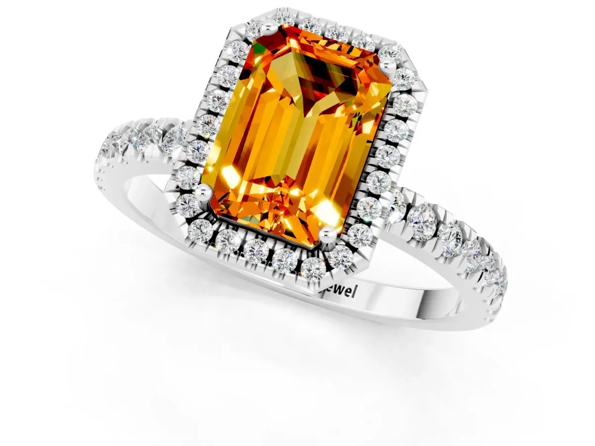 Emerald Cut Citrine Classic Halo Engagement Ring with Round Pavé Band and Prong Setting White gold