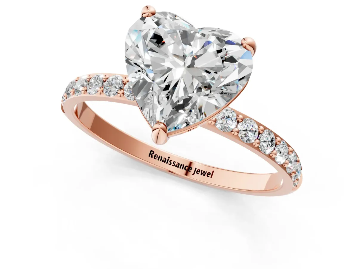 Heart Cut Diamond Solitaire Ring with Round Moissanite Pavé Band and Prong Setting Rose gold