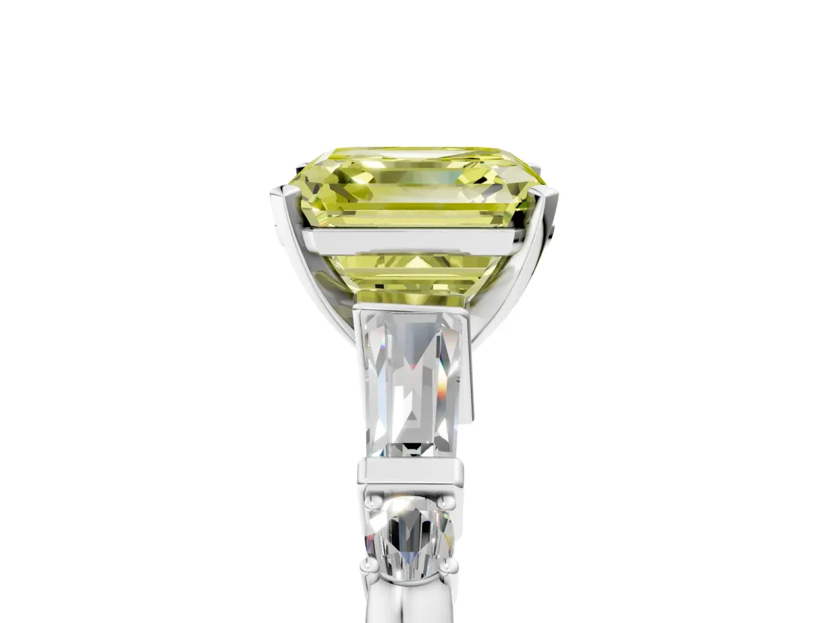 Fancy Yellow Asscher Cut Cut Diamond Ring with Baguette Side Stones, Channel Set Band, and Four-Prong Setting Platinum