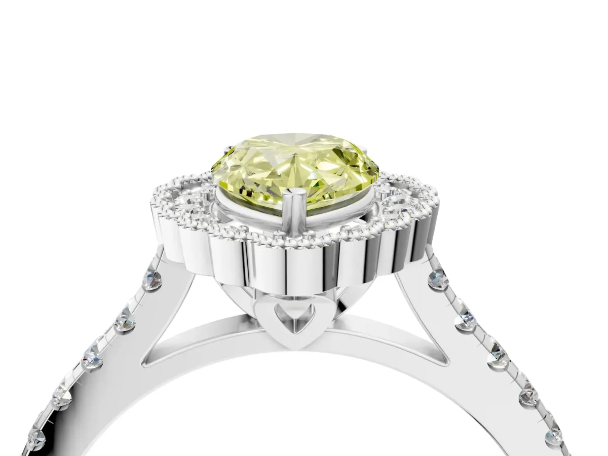 Fancy Yellow Pear Cut Cut Diamond Milgrain Floral Halo Engagement Ring with Pavé Band Silver