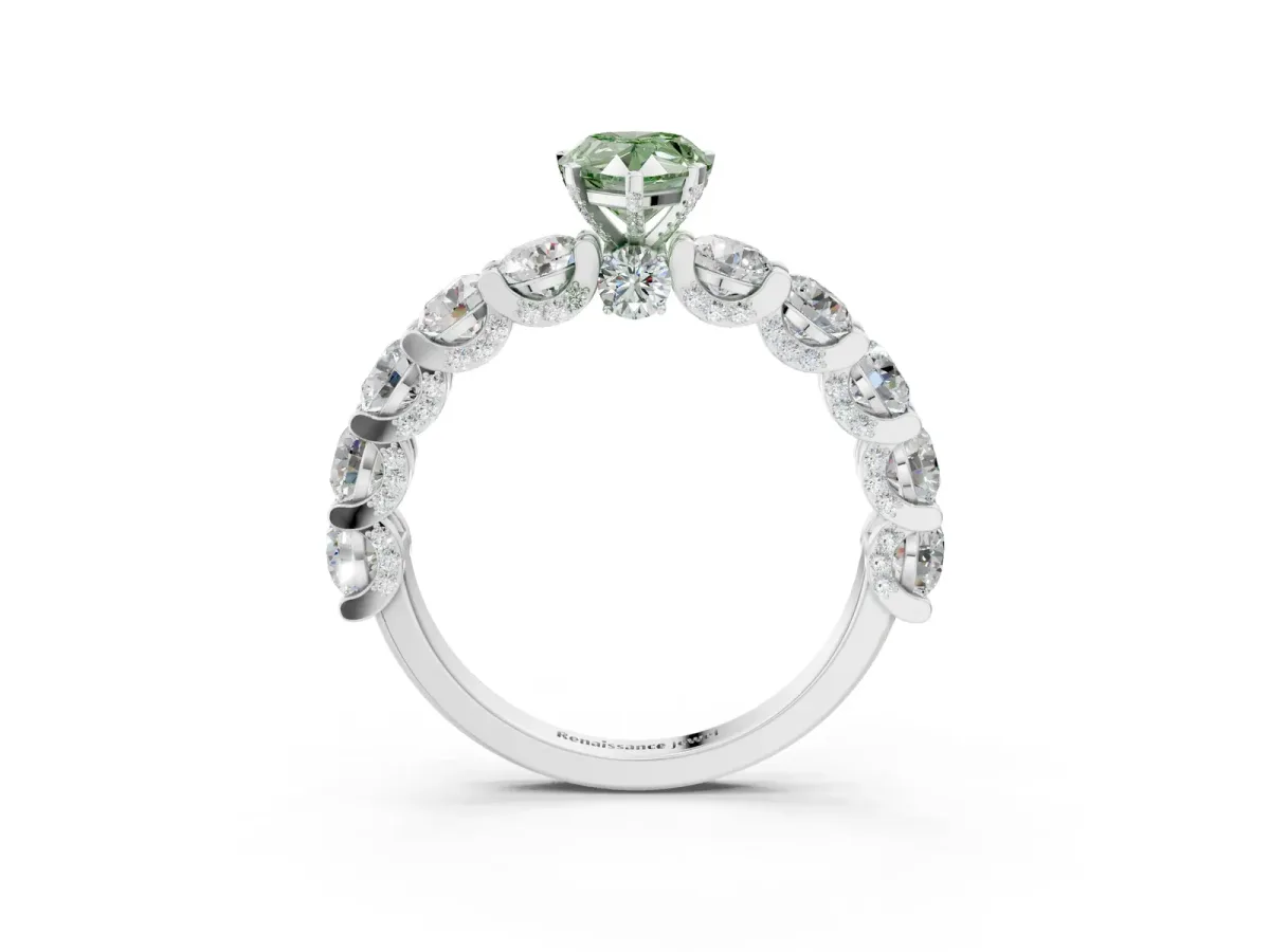 Fancy Green Pear Cut Diamond Side Stone Engagement Ring with Four-Prong Setting White gold